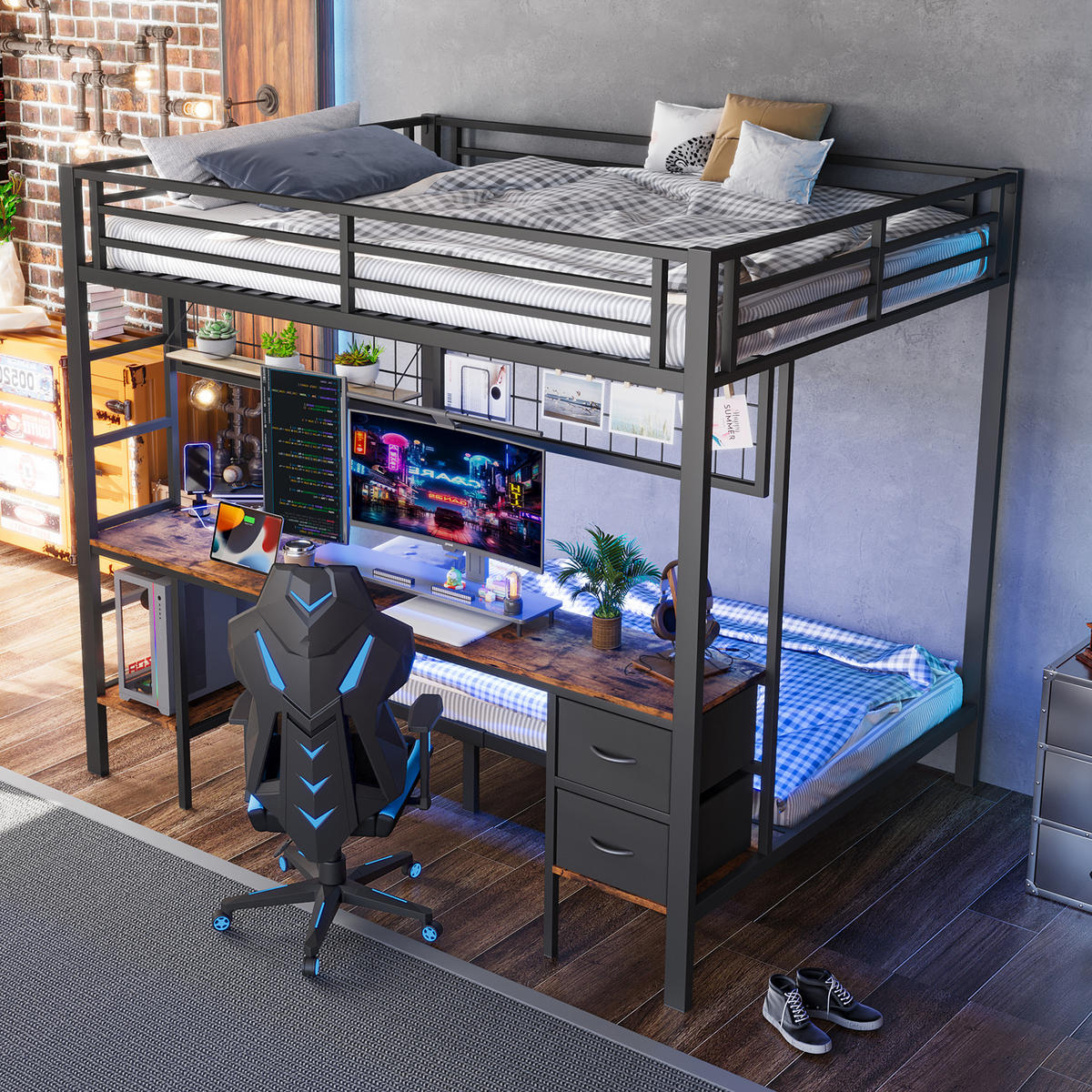 HOCHBETT 90x200cm + 140x200cm Schwarz Metall Schubladen Schreibtisch LED - Schwarz, Metall (140/200cm) - FLIEKS