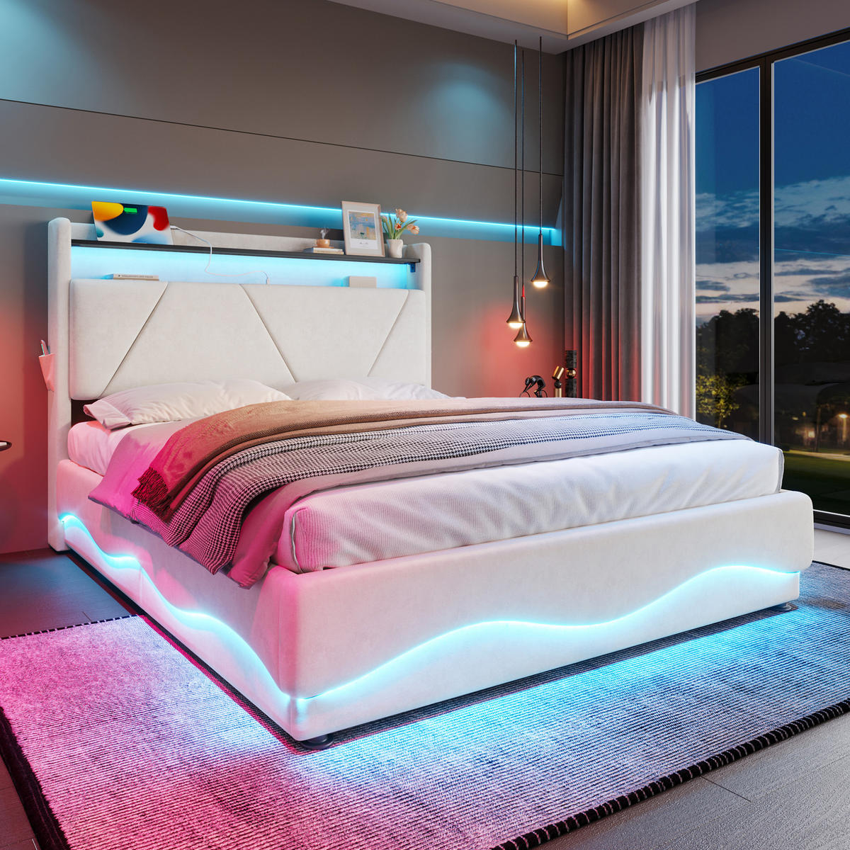 BETT mit Stauraum und LED 160x200 cm Samt Beige - Beige, Metall (160/200cm) - Meubliv