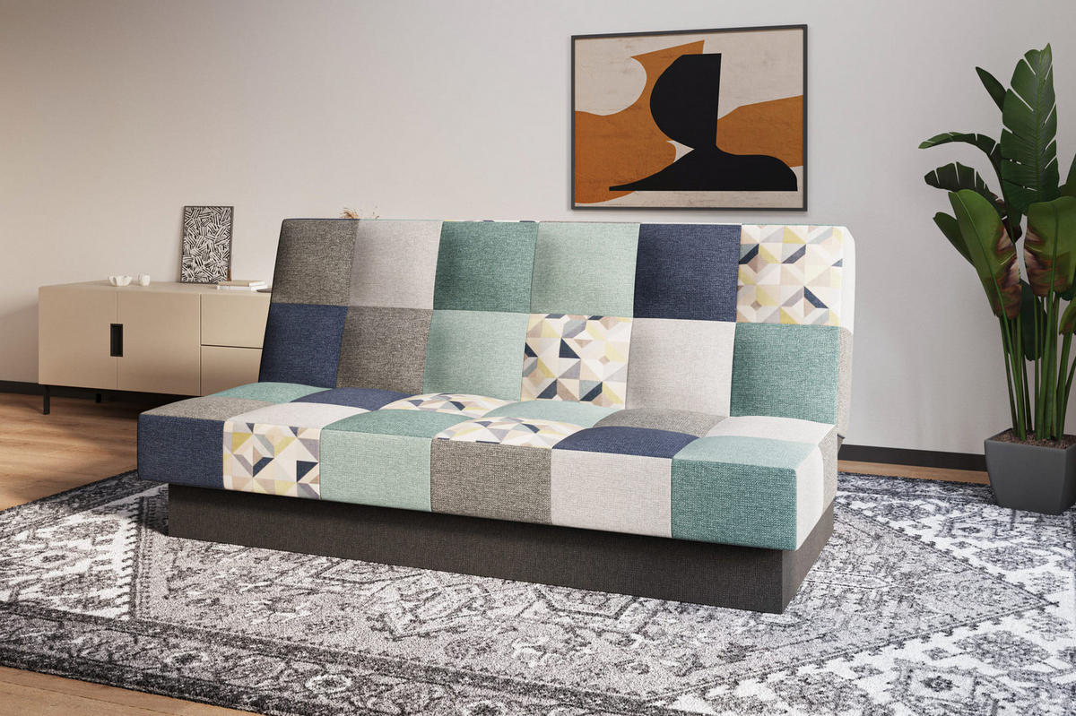 SCHLAFSOFA - Cyprus patchwork - Hellblau + Grau - Hellblau, Holz (192/85/92cm) - Möblo