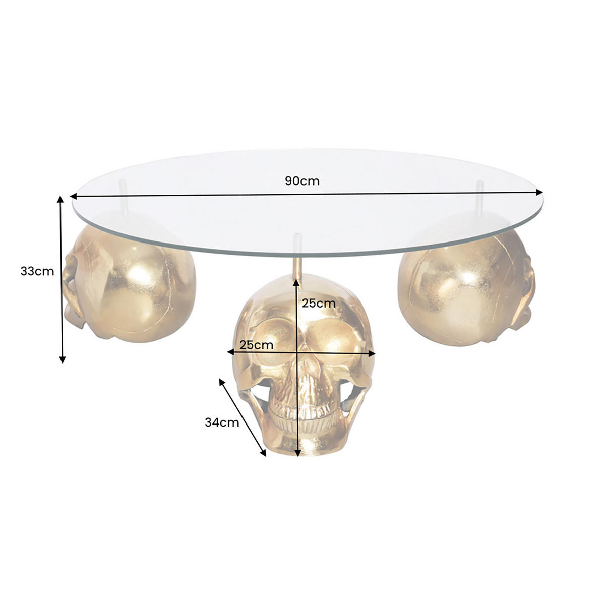 COUCHTISCH SKULL XXL Glas Transparent 90 cm - Transparent/Goldfarben, Glas/Metall (90/90/33cm) - riess-ambiente