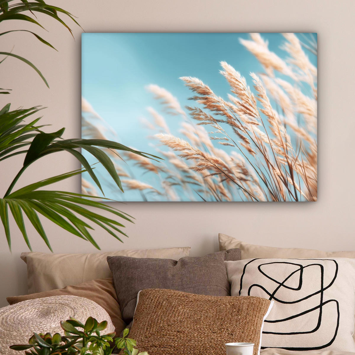 LEINWANDBILD Ziergras - Wind - Hellbraun Wandbilder 80x60 cm - Hellblau, Textil (80/60cm) - MuchoWow