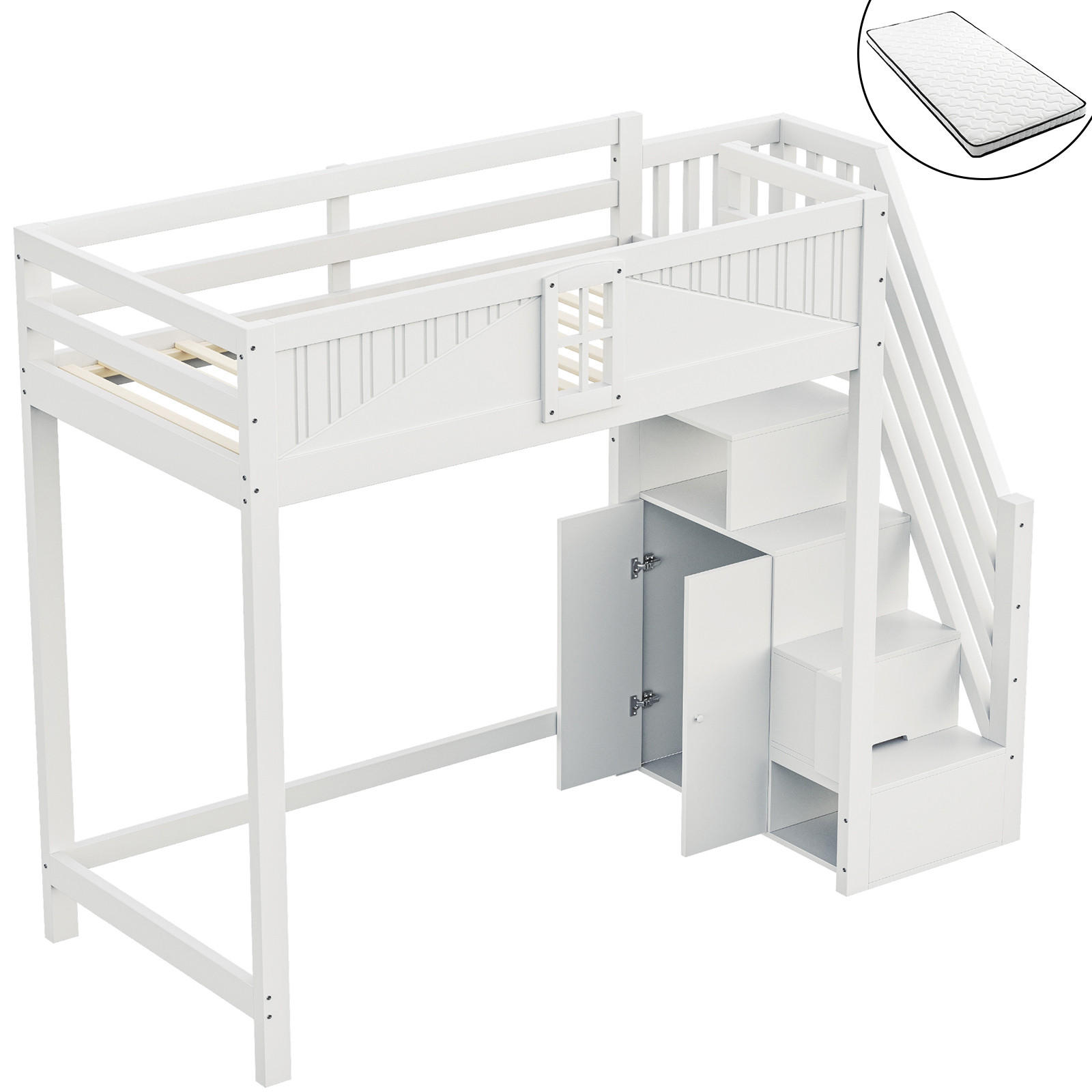 HOCHBETT 90/200 cm Weiß mit Sicherheitsgeländer und auswechselbarer Leiter mit Matratze - Weiß, Holzwerkstoff (90/200cm) - OKWISH