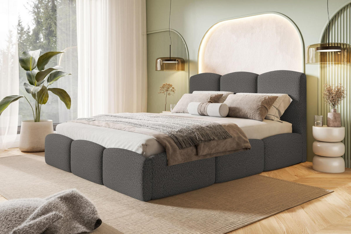 BETT 140x200 - Polsterbett mit Bettkasten und Holzrahmen - Modern Betten - Kuscheliger Catch-Me-Stoff - Kollektion Zoya - Grau - Grau, Holz/Textil (140/200cm) - Alpi-Möbel