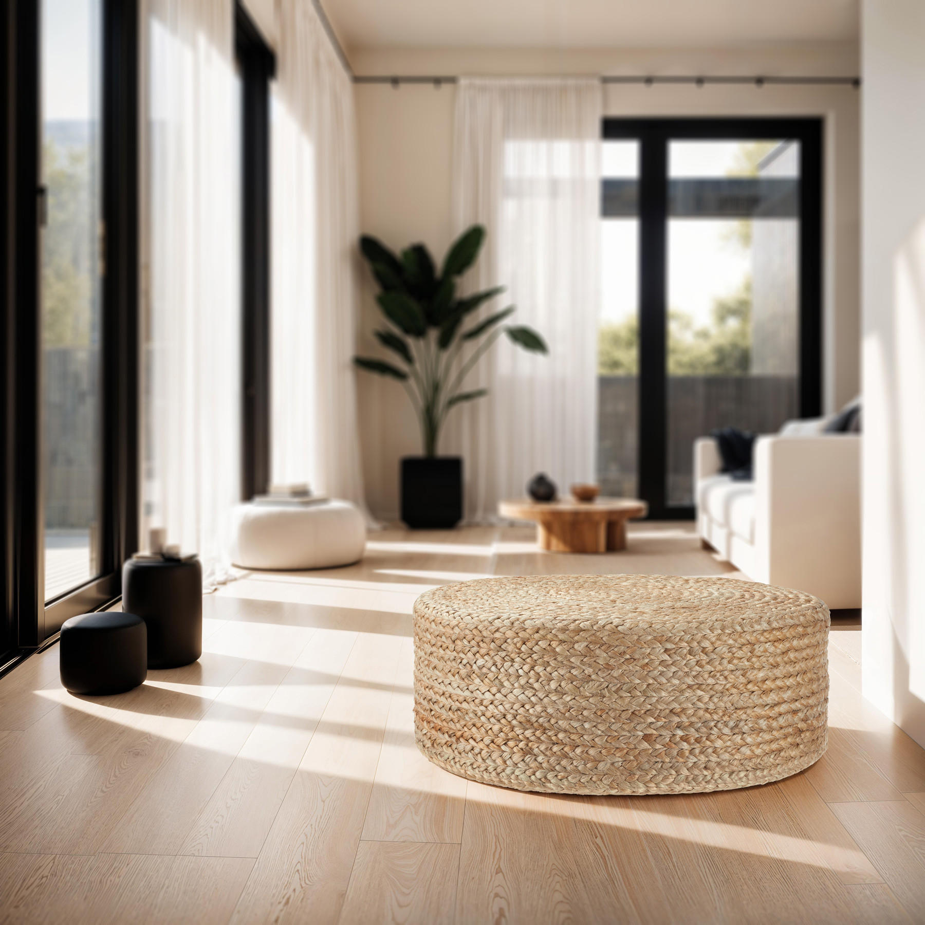 Thumbnail - tectake Handgefertigter, Beige, Textil, Rund, 58x22x58 cm, Wohnzimmer, Hocker, Poufs