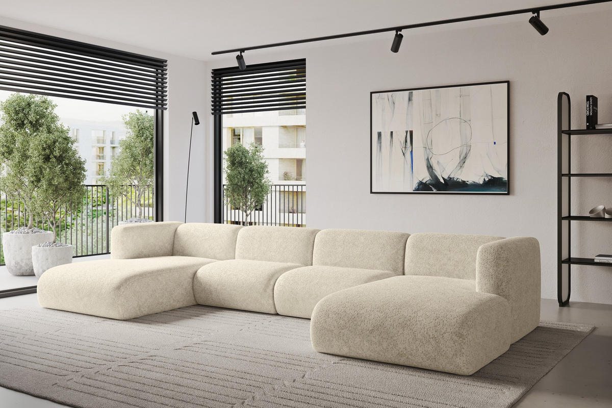 WOHNLANDSCHAFT MIRA-U2 408x179x70 Creme Velours - Creme/Schwarz, Holzwerkstoff/Kunststoff (408/70/179cm) - ALTDECOR