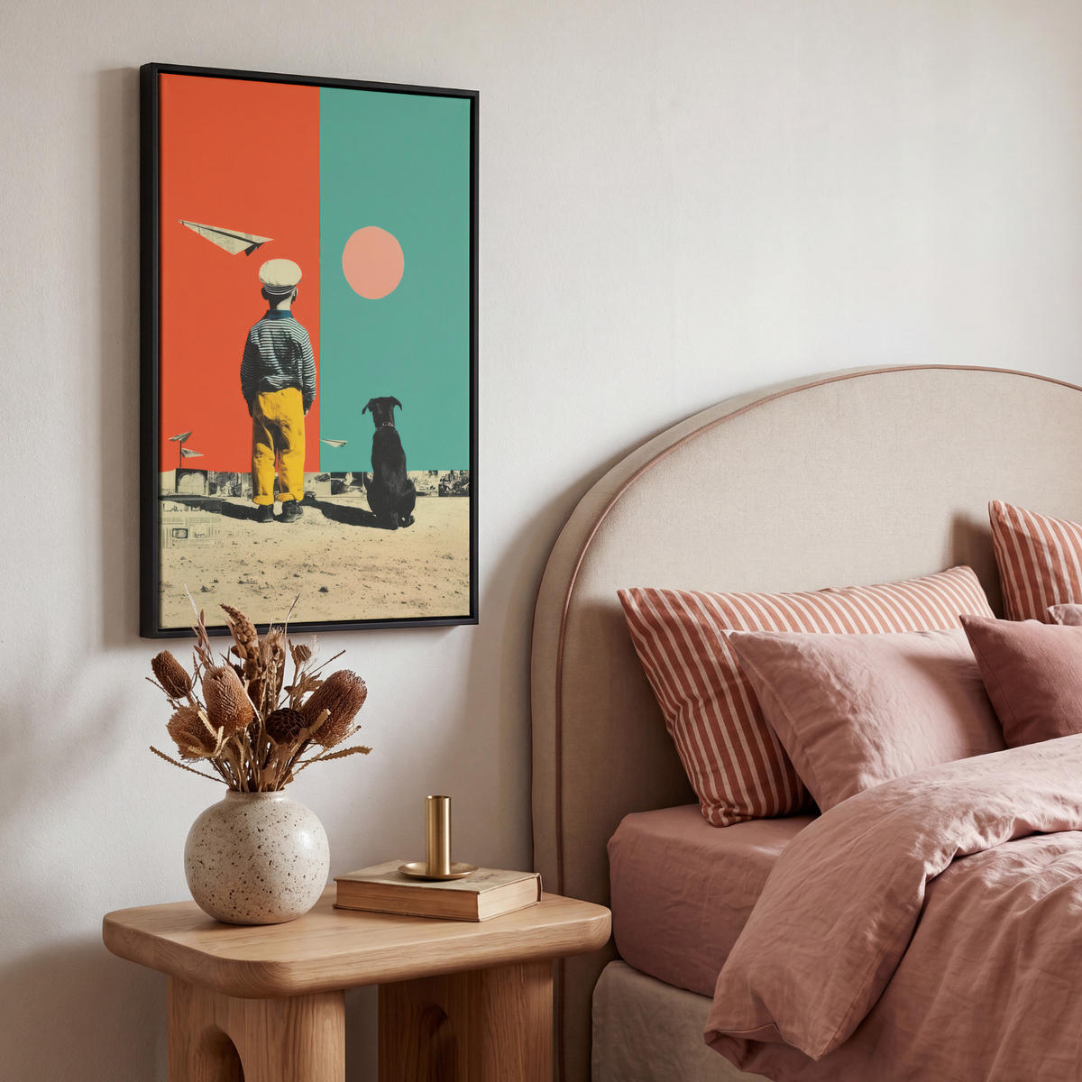 LEINWAND Bilder mit Rahmen - Retro - Junge - Hund - Rot - Grün - 40x60 - Orange, Textil (40/60cm) - MuchoWow