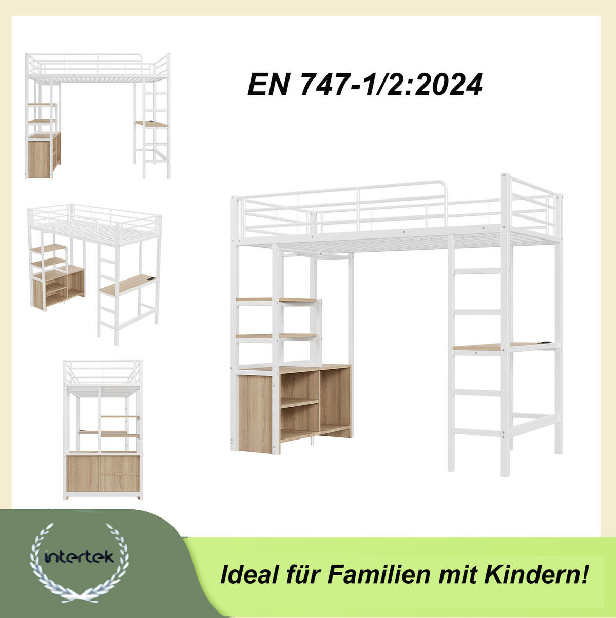 HOCHBETT mit Schreibtisch 90/200 cm in Weiß – mit Regalen, USB und Rausfallschutz - Weiß, Metall (90/200cm) - BEAOK