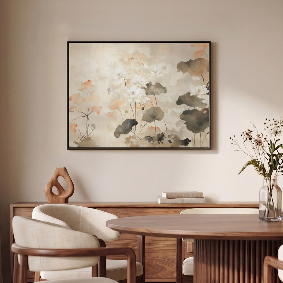 LEINWAND Bilder mit Rahmen - Blumen - Japandi - Wabi sabi - 80x60 - Sandfarben, Textil (80/60cm) - MuchoWow