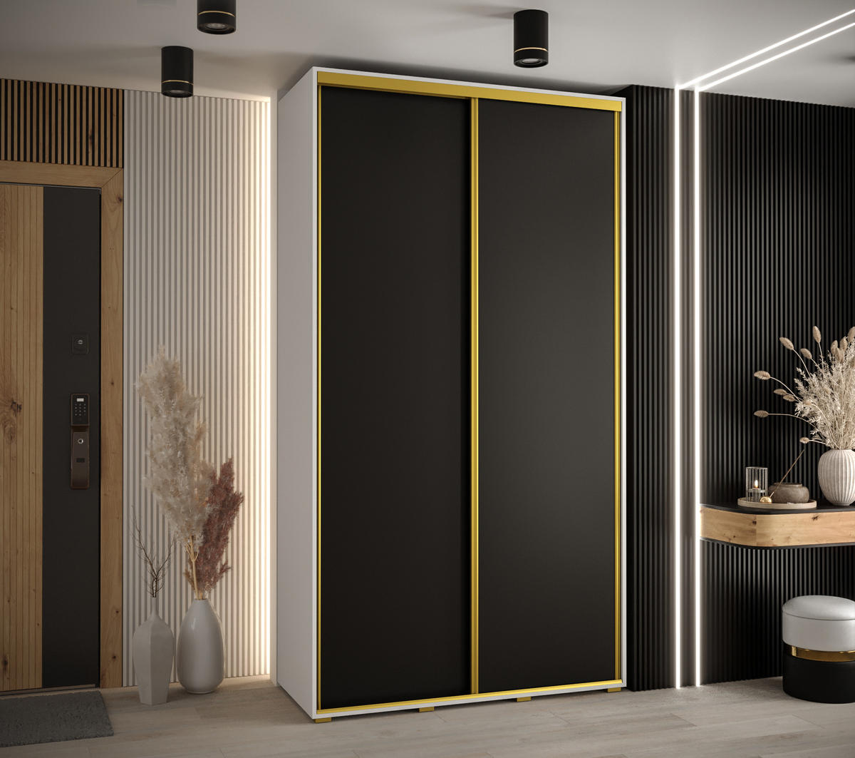 SCHWEBETÜRENSCHRANK 235,2/130/45 2-türig - Goldfarben/Schwarz, Holz/Metall (130/235/45cm) - Abiks Möbel