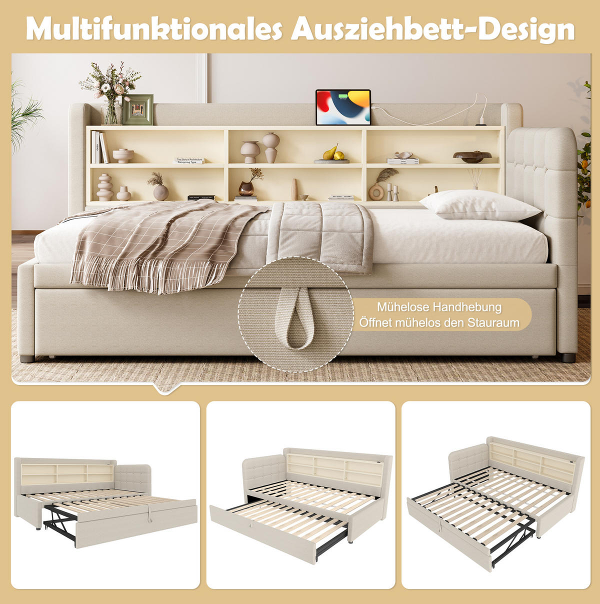 AUSZIEHBETT 90/180 x 200 cm in Beige mit USB- und Type-C-Anschlüssen, Ablagen - Beige, Textil (90/200cm) - Flora Grace