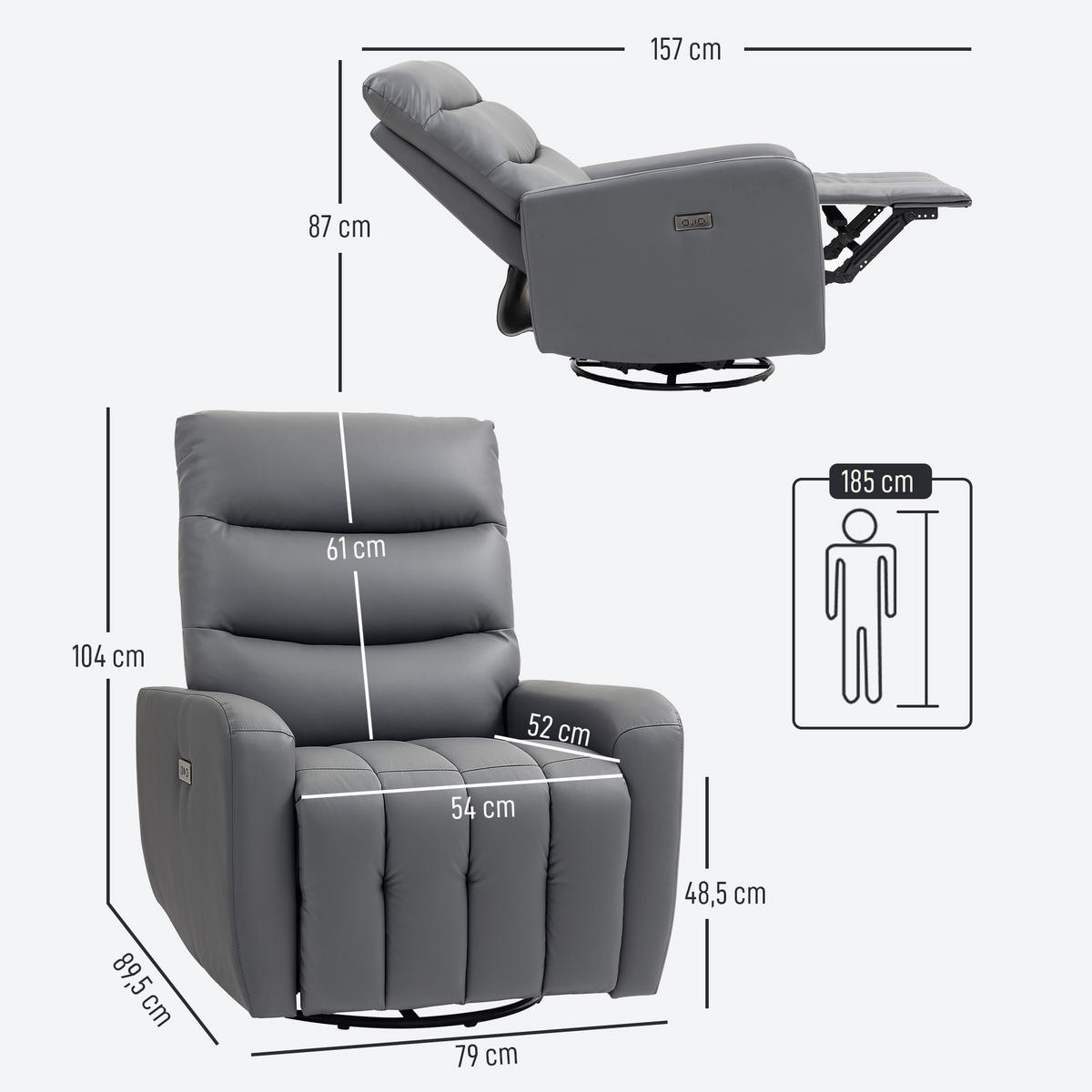 ELEKTRISCH Relaxsessel Fernsehsessel mit Liegefunktion, Schaukelfunktion Grau - Grau, Kunststoff (79/104/89.5cm) - HOMCOM
