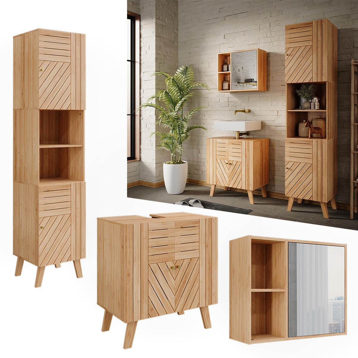 BADMÖBEL-SET Lucie Bambus 3 Teile, mit Hochschrank - Grün, Holzwerkstoff (60/65/36cm) - Vicco