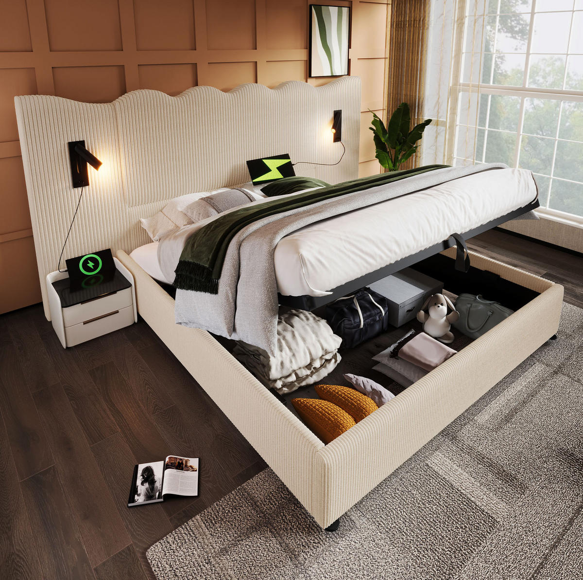 POLSTERBETT 180/200 cm mit Leselampe, USB- und Type-C-Anschlüssen, hydraulischem Bettkasten aus Cordstoff, Beige-Weiß - Weiß, Textil (180/200cm) - Redom