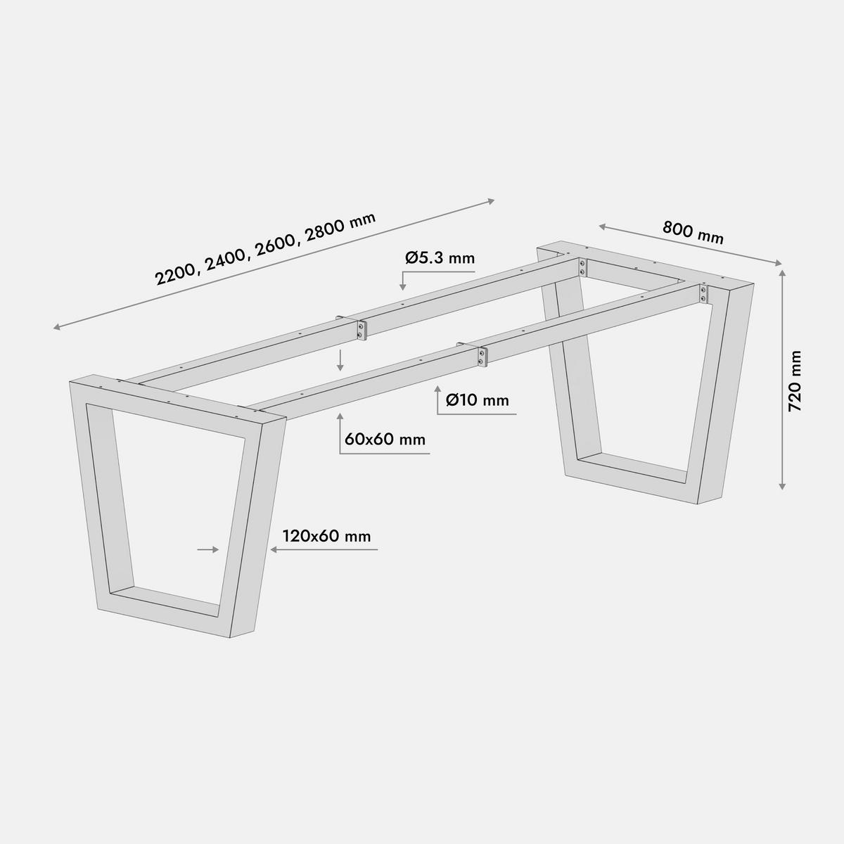 TISCHBEINE Atria Extreme Schwarz Metall 260/80/72 cm - Schwarz, Metall (80/72/260cm) - Metalo Pro