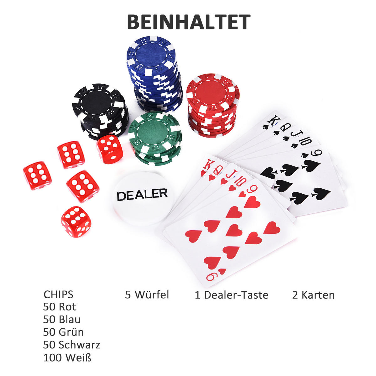 POKERKOFFER Pokerset Pokerchips 4/5 Farben 2 x Kartenspiel 5 x Würfel - Multicolor, Kunststoff (20.5/29.5cm)