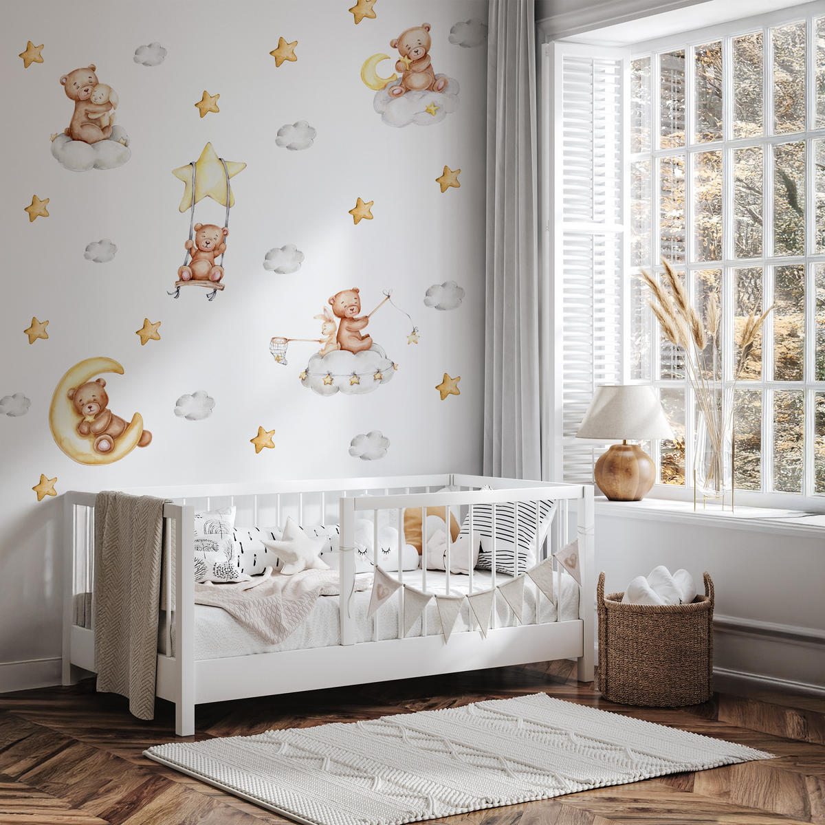 WANDSTICKER Teddybären Wolken Monde Sterne 120x60 - Gelb/Beige, Papier (120/60/1cm) - Muralo