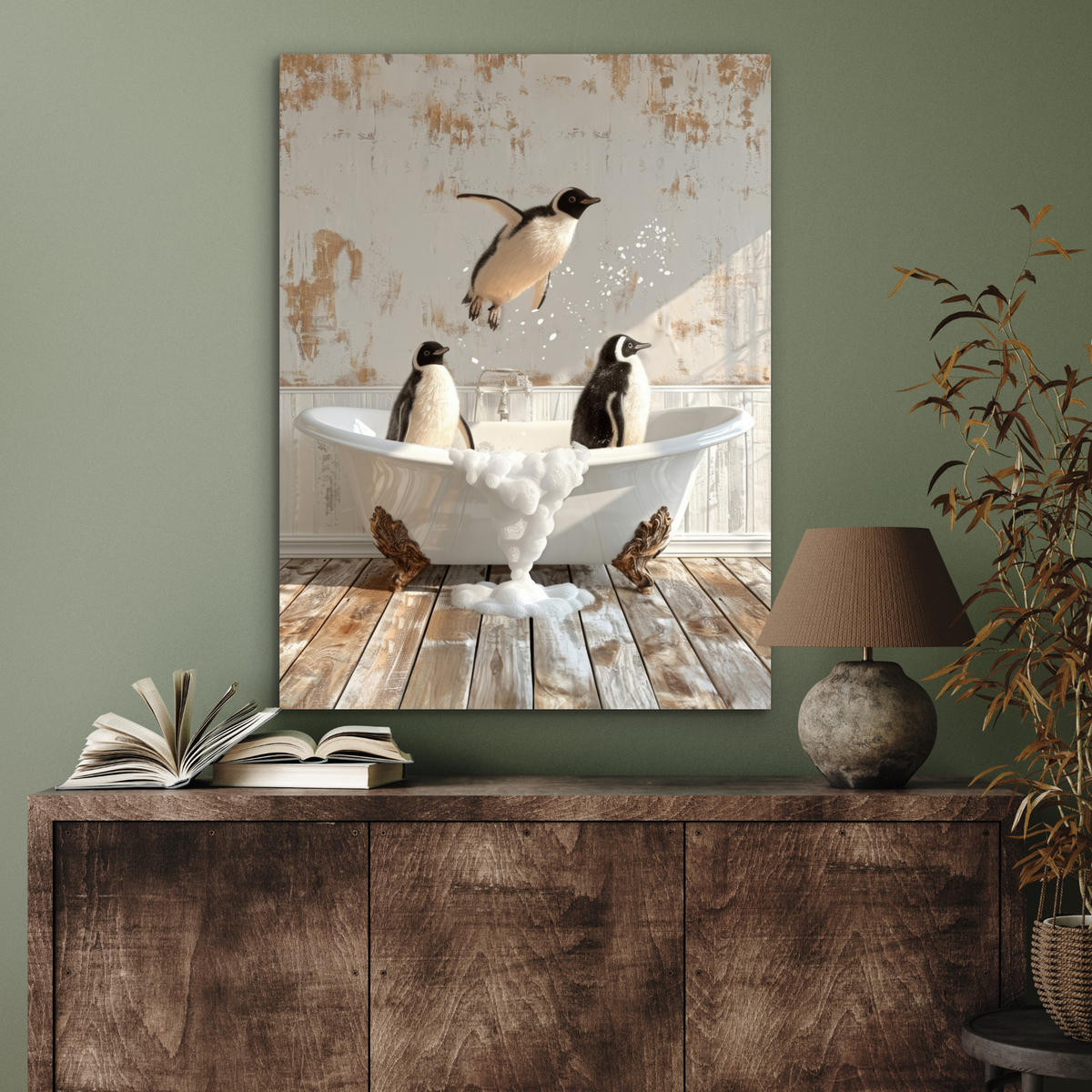 KOVOVÝ OBRAZ Vintage - Tučniak - Vaňa - Pena 60x80 cm - čierna, kov (60/80cm) - MuchoWow