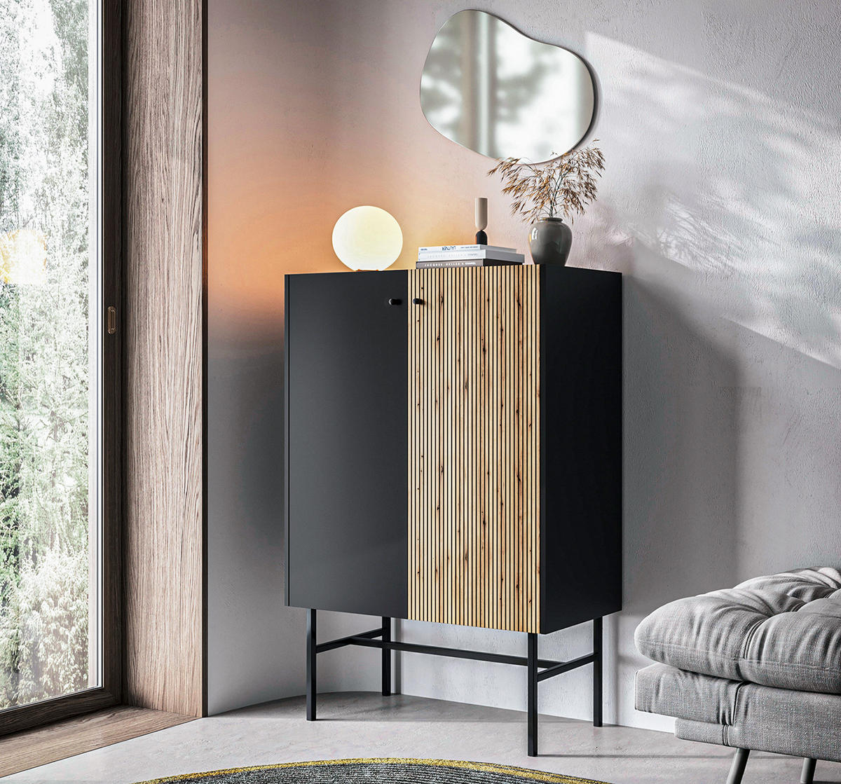 HIGHBOARD Dinley 2T Schwarz, Braun 93,2/131,7/39 cm – mit langen Beinen und Lamellenfront - Schwarz/Braun, Holzwerkstoff/Metall (93.2/131.7/39cm) - AX Living