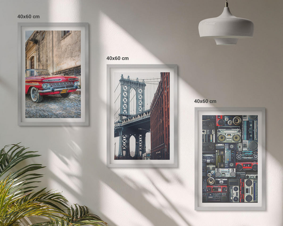 WANDBILDER 3er Set - 40x60 cm Silberner Rahmen - Alte Autobrücke Brooklyn Retro-Audio - Silberfarben, Kunststoff (40/60cm) - ArtPrintCave