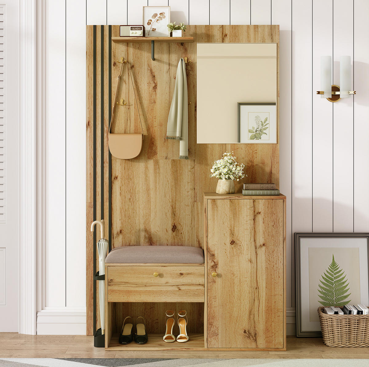 FLURGARDEROBE 115/37/185 cm aus MDF mit Spiegel und gepolsterter Sitzfläche Naturfarben mit Schwarz - Naturfarben, Holzwerkstoff (37/185/115cm) - Modenvie