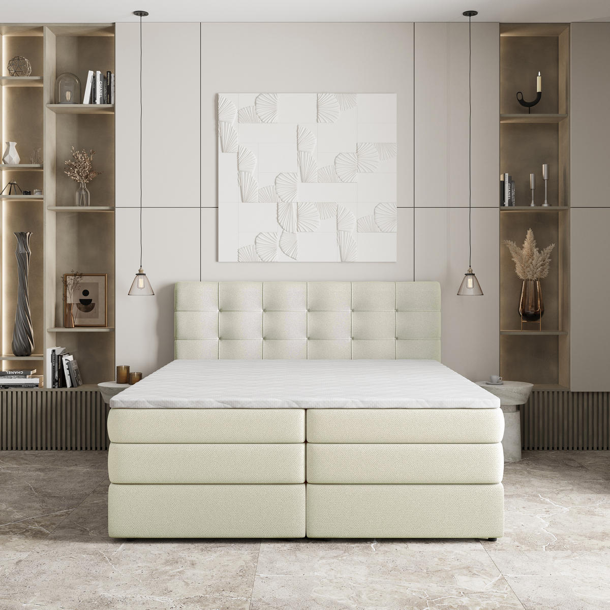 BOXSPRINGBETT AREZI 180x200 cm mit Matratze und Topper - Creme - Creme, Holz (180/200cm) - MASSENO
