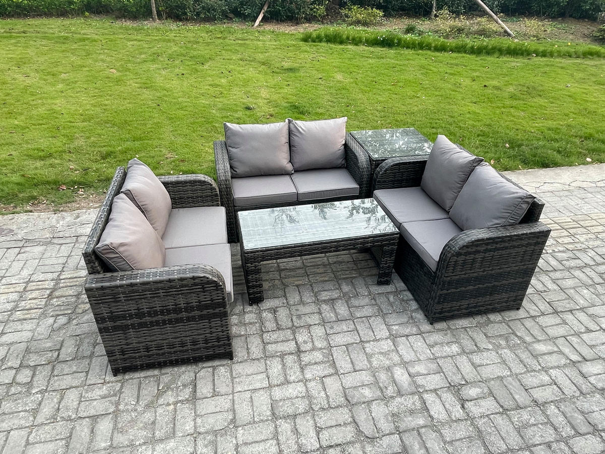 GARTENSOFA SET mit rechteckigem COUCHTISCH Polyrattan 6-Sitzer Dunkelgrau - Dunkelgrau/Grau, Glas/Kunststoff - Fimous