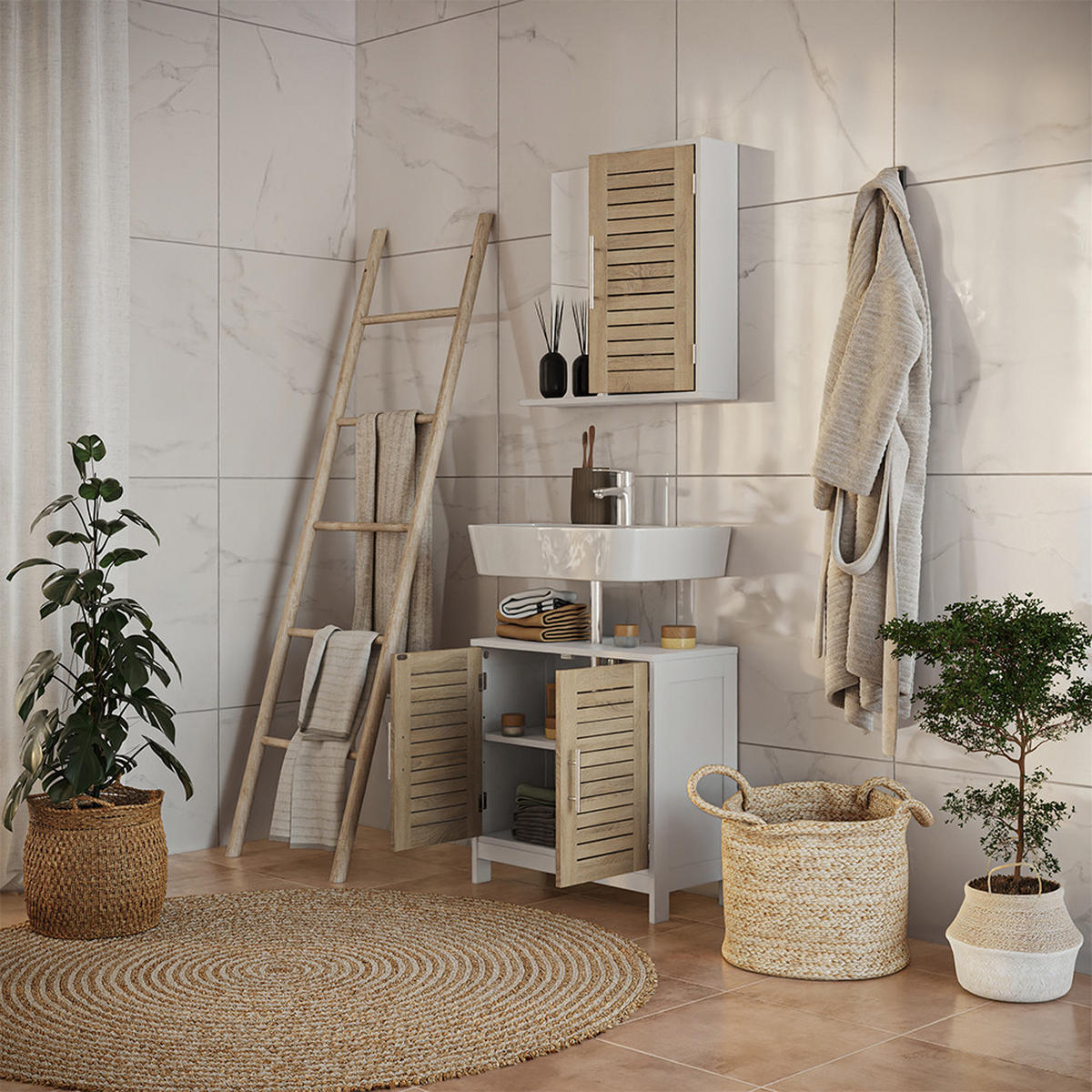 BADMÖBEL-SET Looma Weiß/Eiche 2 Teile - Weiß, Holzwerkstoff (60/60/29.6cm) - Vicco