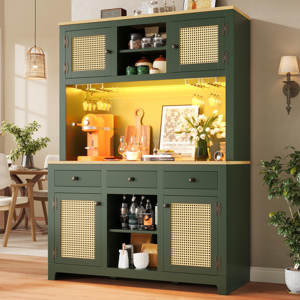 BUFFET LED Rattan Schubladen Verstellbare Böden - Grün, Holzwerkstoff (120/180/40cm) - FLIEKS