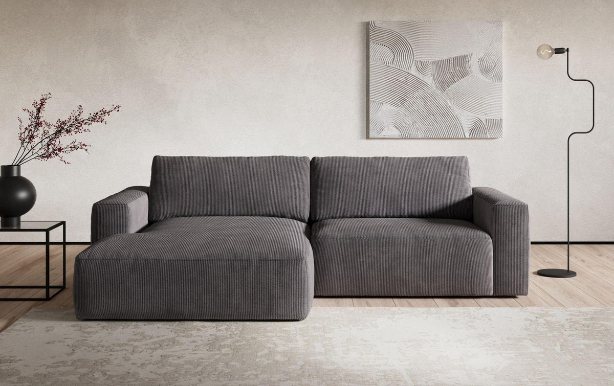 ECKSOFA mit Cord-Stoff - Anthrazit/Schwarz, Holz/Kunststoff (288/175cm) - Cotta