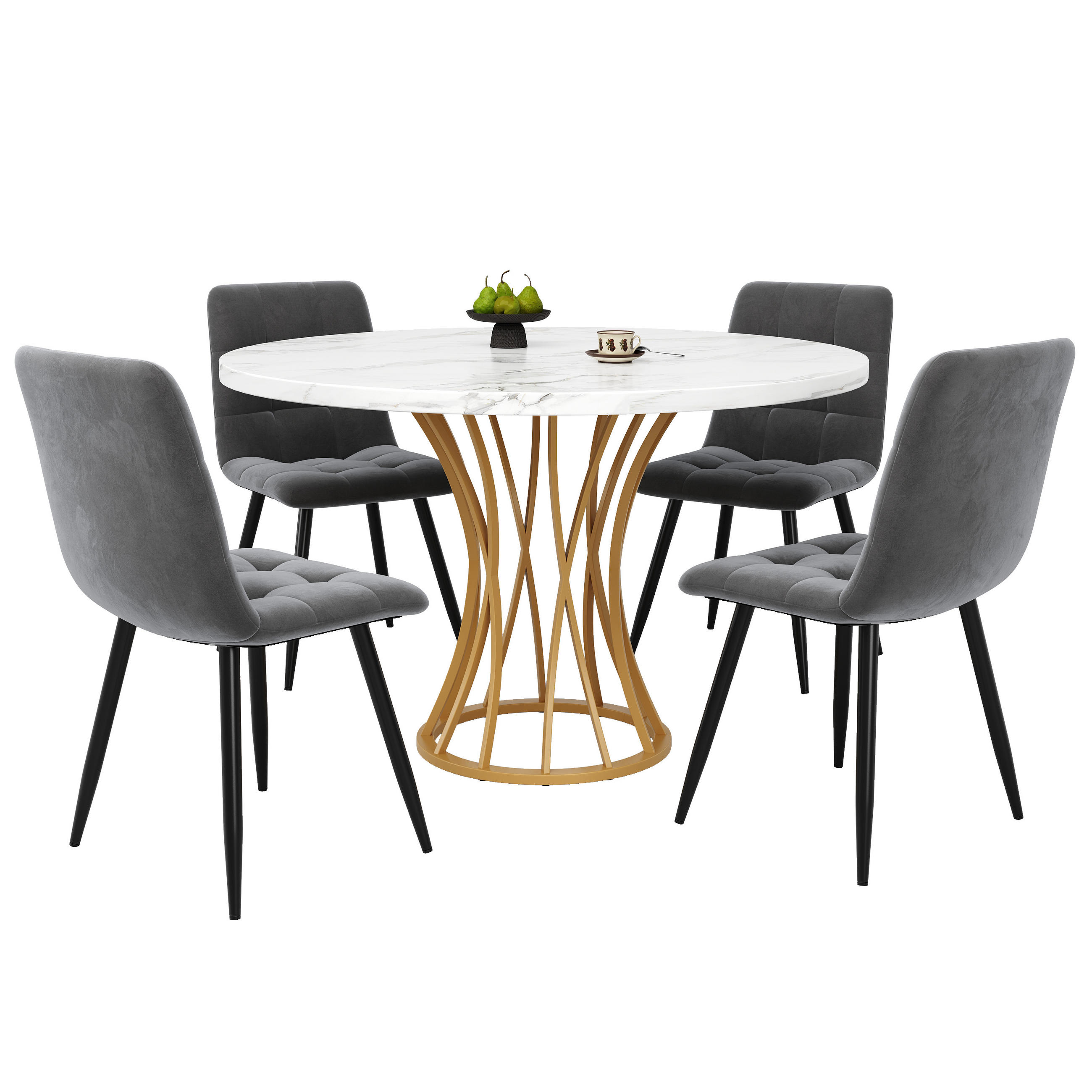 ESSTISCHSET 5-Teilig Rund 80 Cm, Graue Samtstühle, Weiß Marmor, Gold - Multicolor, Metall (100/76/100cm) - FLIEKS
