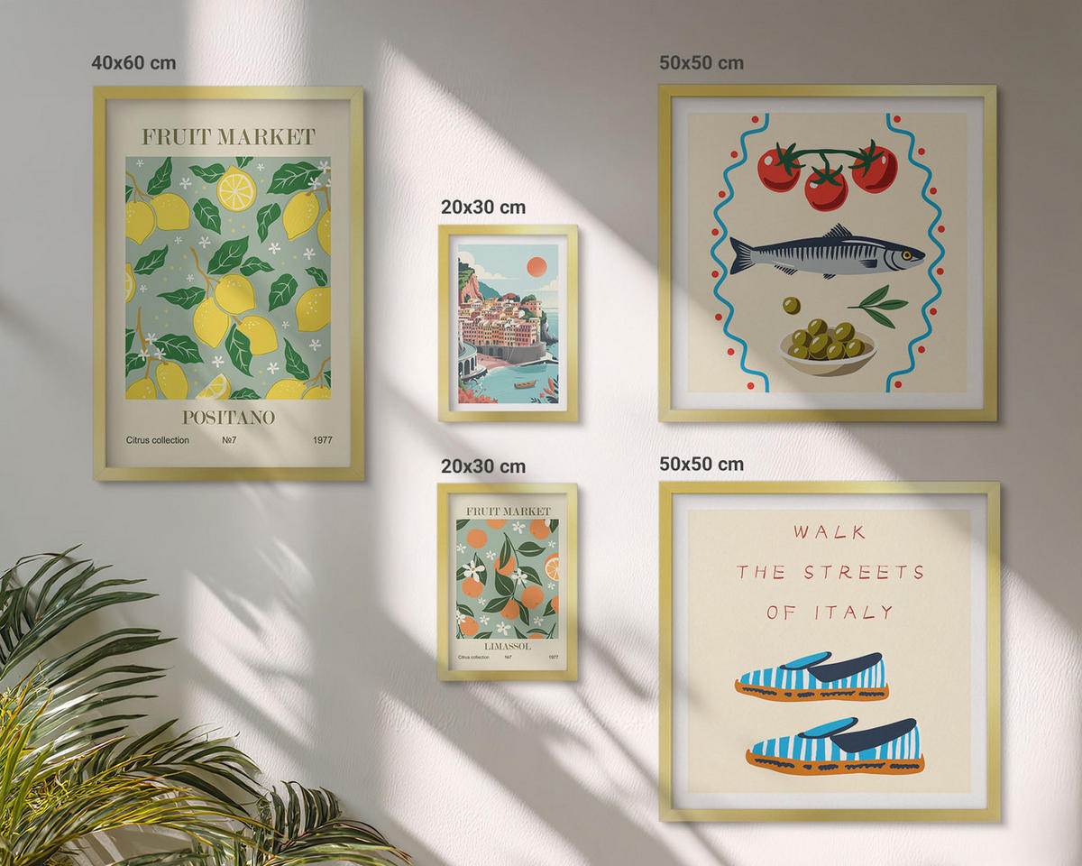 WANDBILDER 5er Set - 50x50 cm & 20x30 cm & 40x60 cm Goldrahmen - Italienische Poster mit Fruchtmotiven - Goldfarben, Kunststoff (40/60cm) - ArtPrintCave