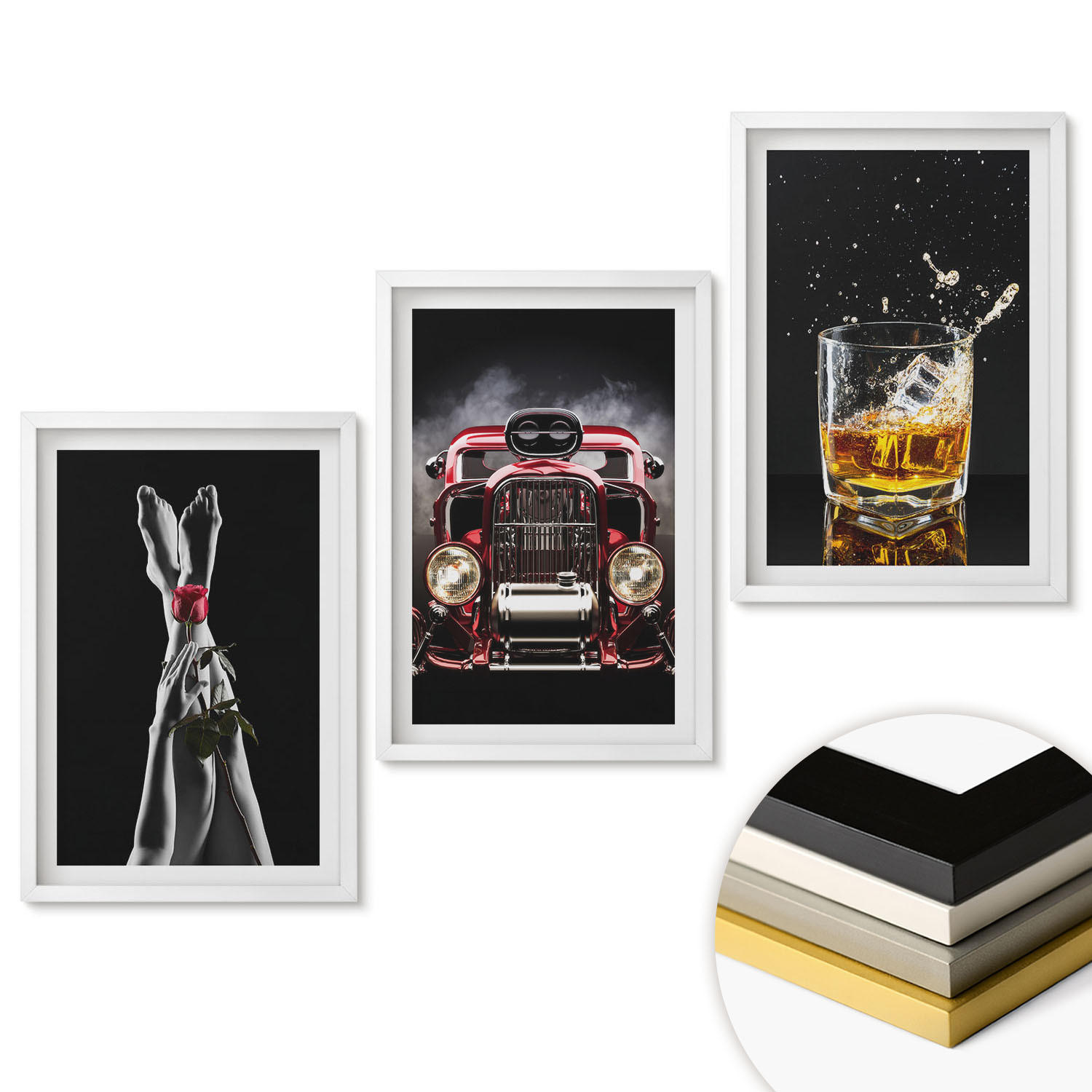 WANDBILDER 3er-Set - 40x60 cm Weißer Rahmen - Frauenbeine Rosenauto Whisky - Weiß, Kunststoff (40/60cm) - ArtPrintCave