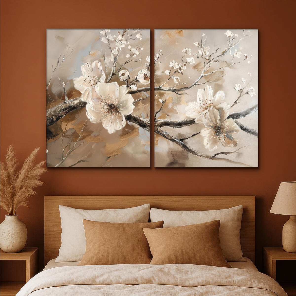 LEINWANDBILD 2er Set Blüte - Beige - Abstrakt - Blumen 180x120 cm - Hellbraun, Textil (180/120cm) - MuchoWow