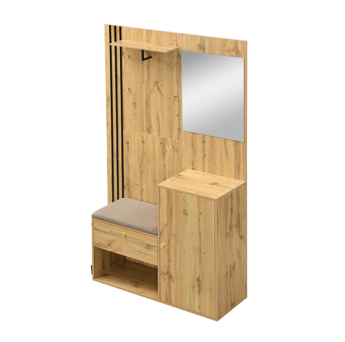 FLURGARDEROBE 115/37/185 cm aus MDF mit Spiegel und gepolsterter Sitzfläche Naturfarben mit Schwarz - Naturfarben, Holzwerkstoff (37/185/115cm) - Modenvie