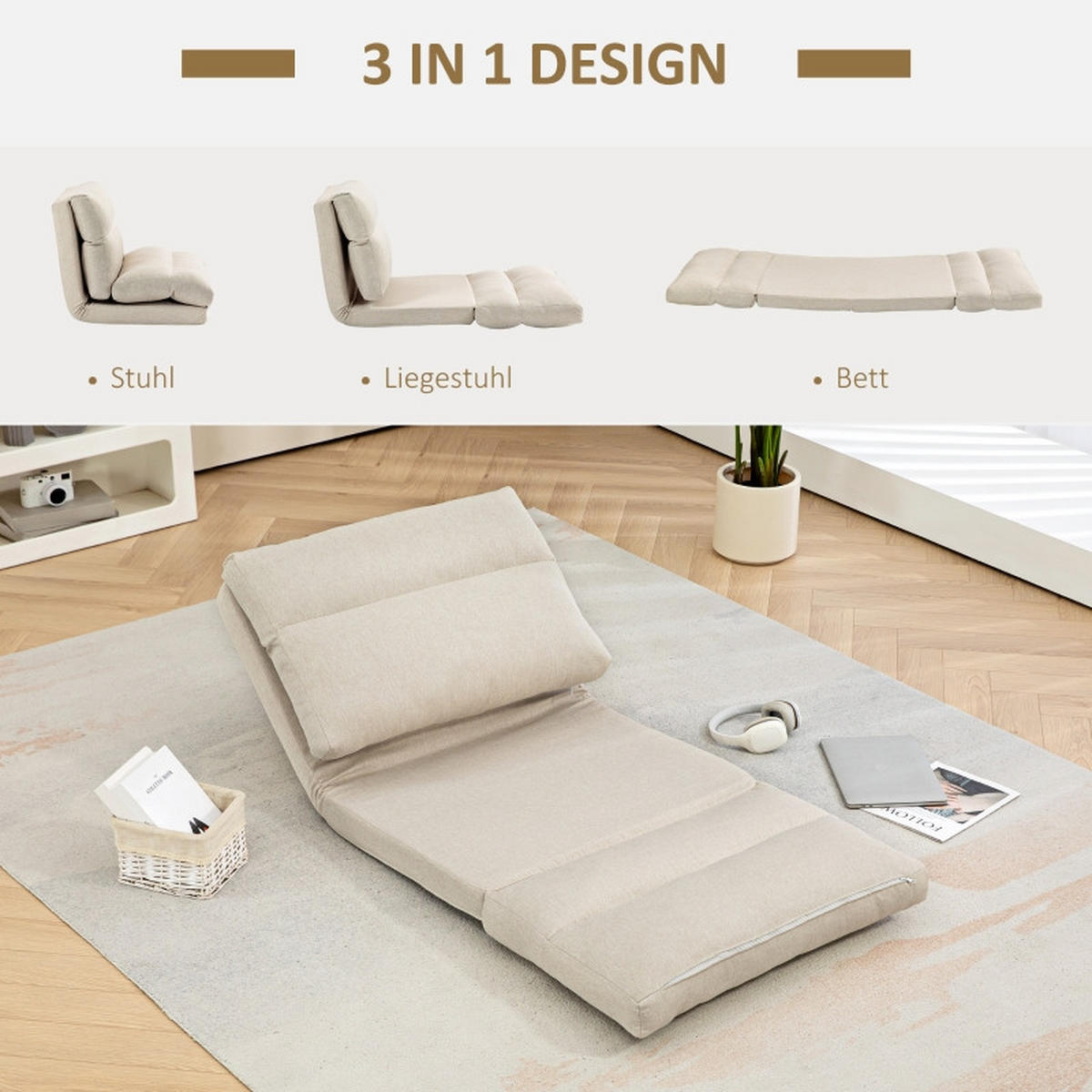 SCHLAFSESSEL DE-33483 6-stufig verstellbare Rückenlehne Beige - Beige, Metall (70/56/72cm) - ComfortXL