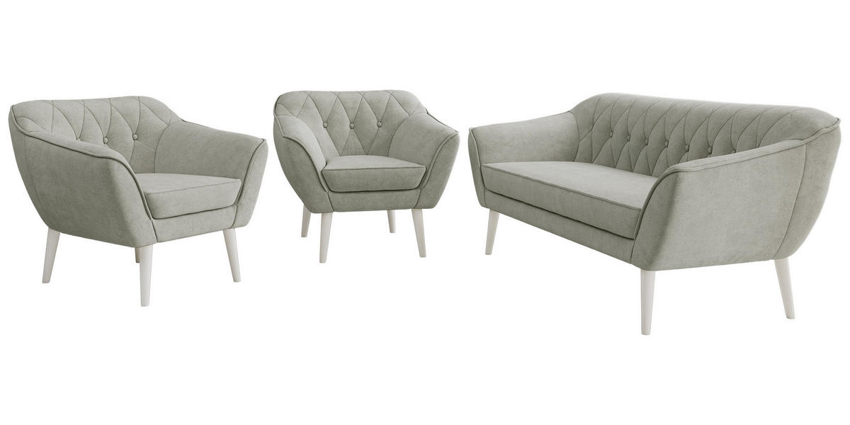 SEDACIA ZOSTAVA 3+1+1 PIRS - Svetlosivá Štruktúrovaná látka - Biele nohy - biela/svetlosivá, kompozitné drevo/textil (180/75/74cm) - MKS