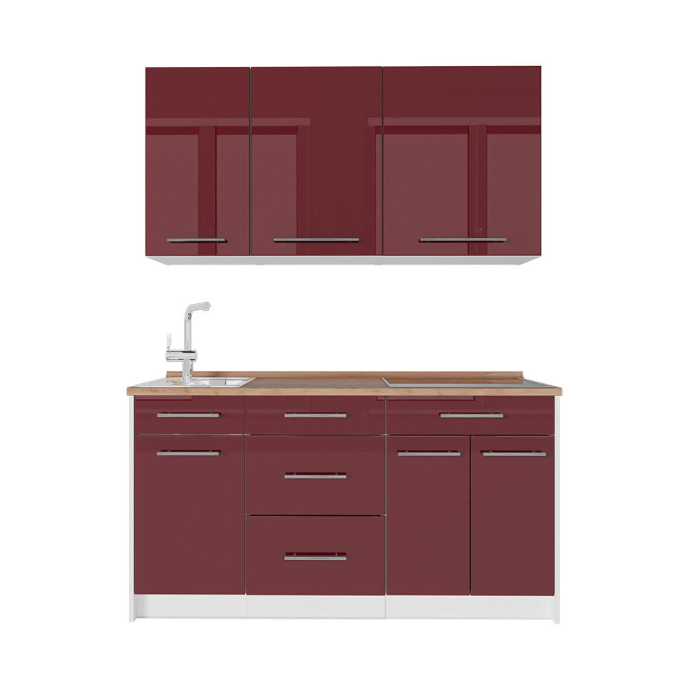 SINGLEKÜCHE Fame-Line, Bordeaux Hochglanz/Weiß, 150 cm, AP Eiche - Bordeaux/Weiß, Holzwerkstoff (150/82/60cm) - Vicco