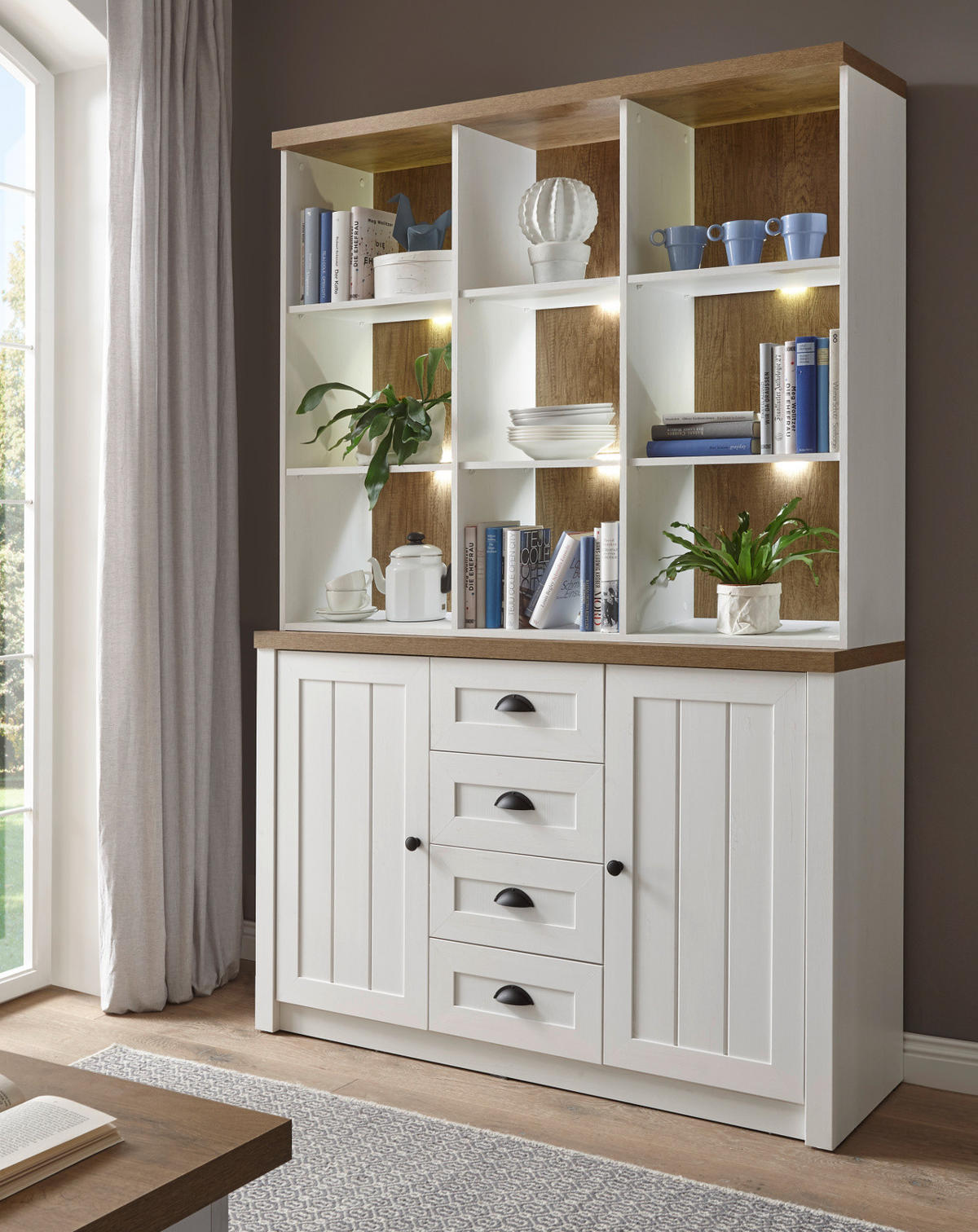 BUFFETSCHRANK weiß Pinie, Eiche hell Landhaus, Buffet 130 x 198 cm - Eichefarben/Schwarz, Holzwerkstoff/Metall (130/198/43cm) - Furn.Design