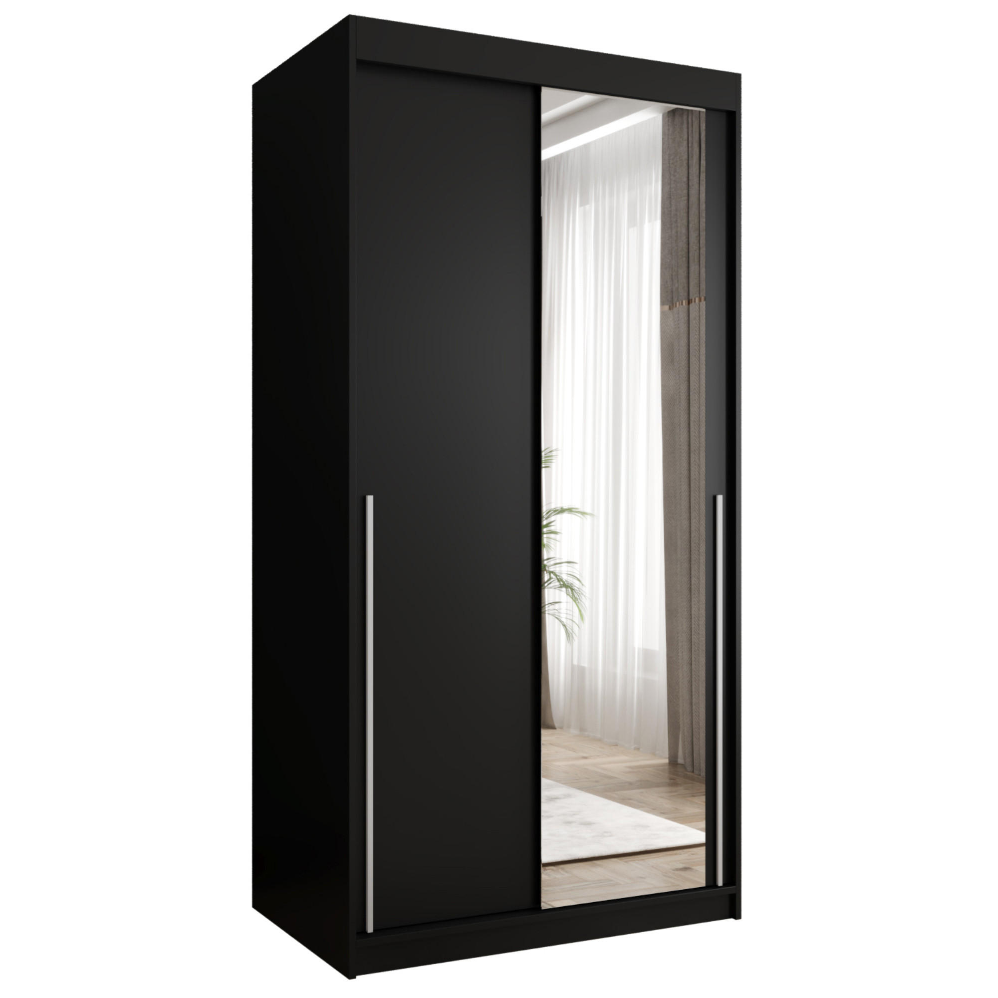 SCHIEBETÜRENSCHRANK mit Spiegel 100 cm Breite, schwarz mit silbernem Griff - Silberfarben/Schwarz, Holzwerkstoff (250/200/62cm) - Home Collective