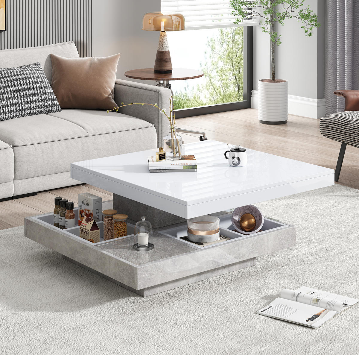 COUCHTISCH aus Spanplatte 70x70x36 cm in Weiß mit 360°-Drehfunktion - Weiß, Holzwerkstoff (70/70/36cm) - Modfu