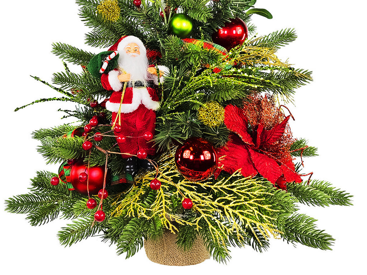 WEIHNACHTSBAUM künstlicher 60 cm mit LED-Beleuchtung, SANTA II, mit 26 Weihnachtsbaumschmuck, Pflanztopf mit Jutesack - Rot/Goldfarben, Kunststoff/Stein (40/60cm) - LAALU
