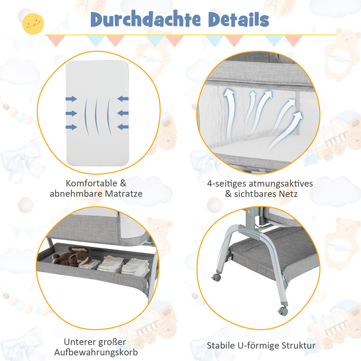 BEISTELLBETT Grau - Grau, Textil - COSTWAY