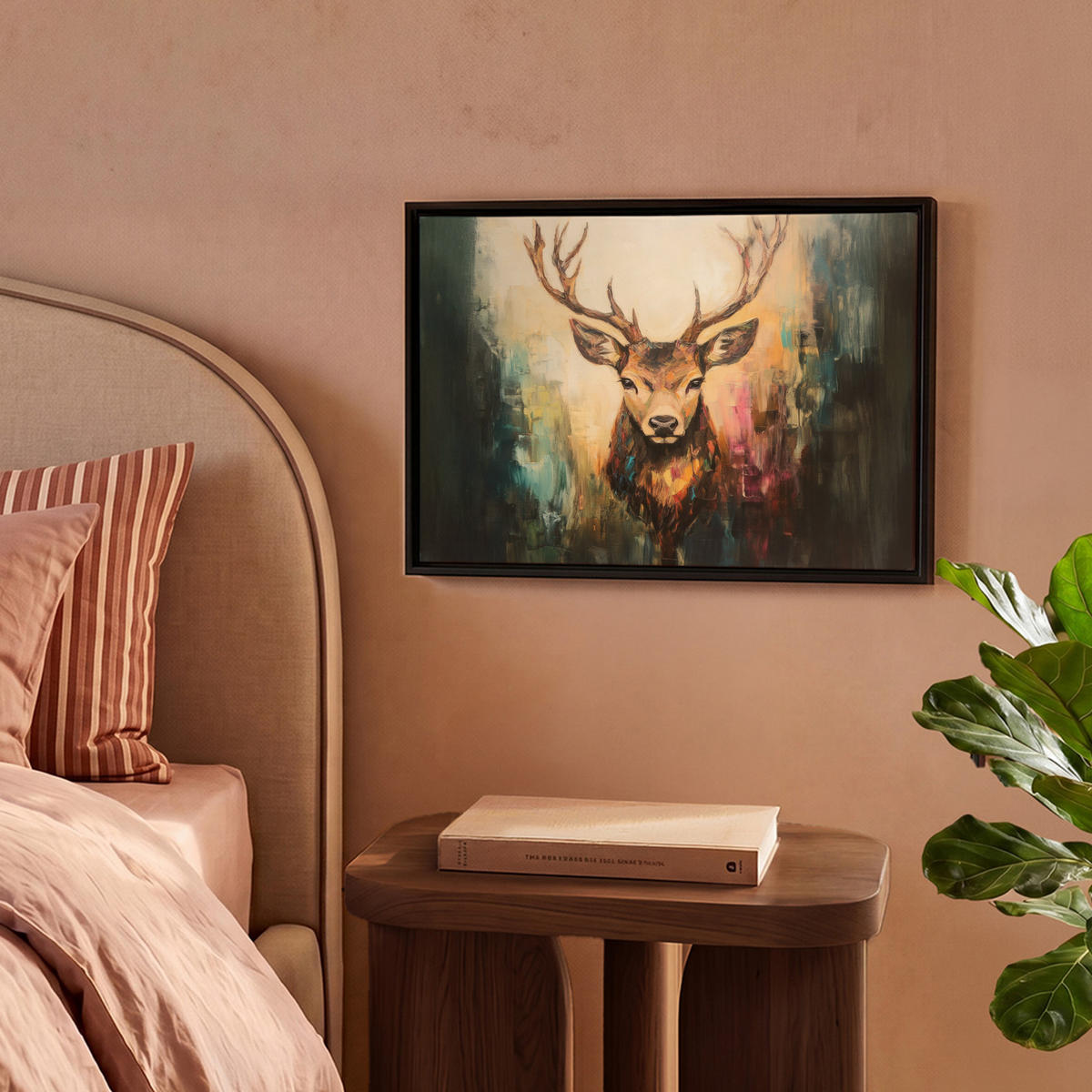 LEINWAND Bilder mit Rahmen - Hirsch - Gemalt - Geweih - Braun - 40x30 - Haselnussfarben, Textil (40/30cm) - MuchoWow