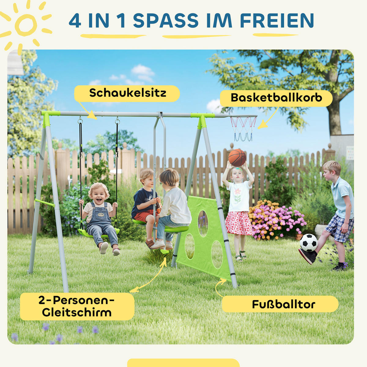 SCHAUKELGESTELL, 4 in 1 Outdoor Schaukelgerüst mit Schaukel, Metallgestell - Grün, Metall (180/215cm) - AIYAPLAY