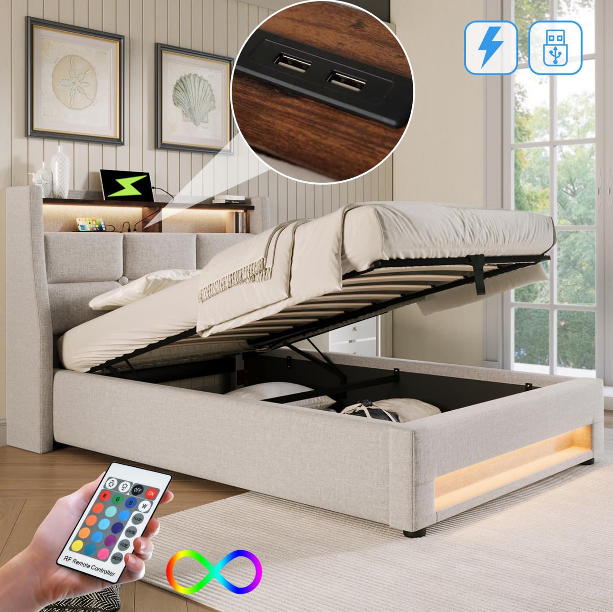 POLSTERBETT 90/200 cm Hellbeige aus Leinenmaterial mit LED und USB - Beige, Textil (90/200cm) - OKMYHOME