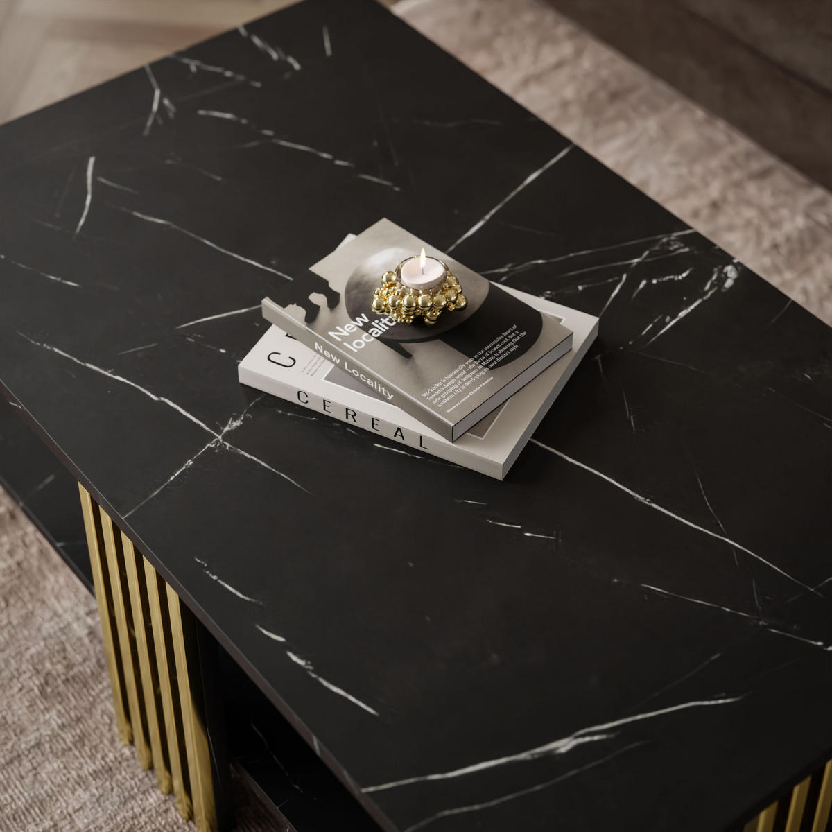 COUCHTISCH SAPHIRA GOLD mit Ablageboden, Schwarz Marmour - Schwarz, Holzwerkstoff (60/100/40cm) - Lookway