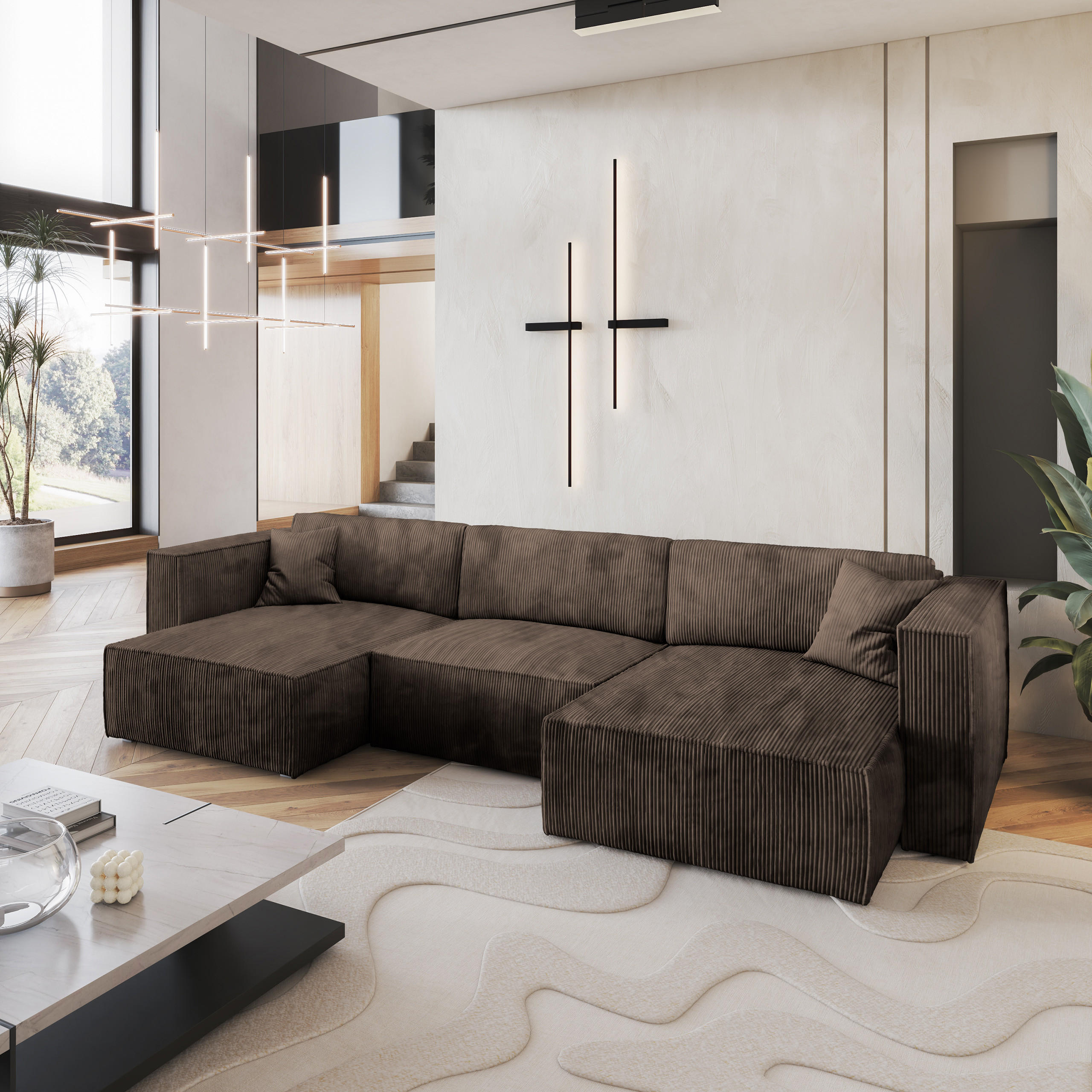 WOHNLANDSCHAFT SARMO P Braun Kordstoff mit Schlaffunktion - Braun, Holz (347/70/148cm) - MASSENO