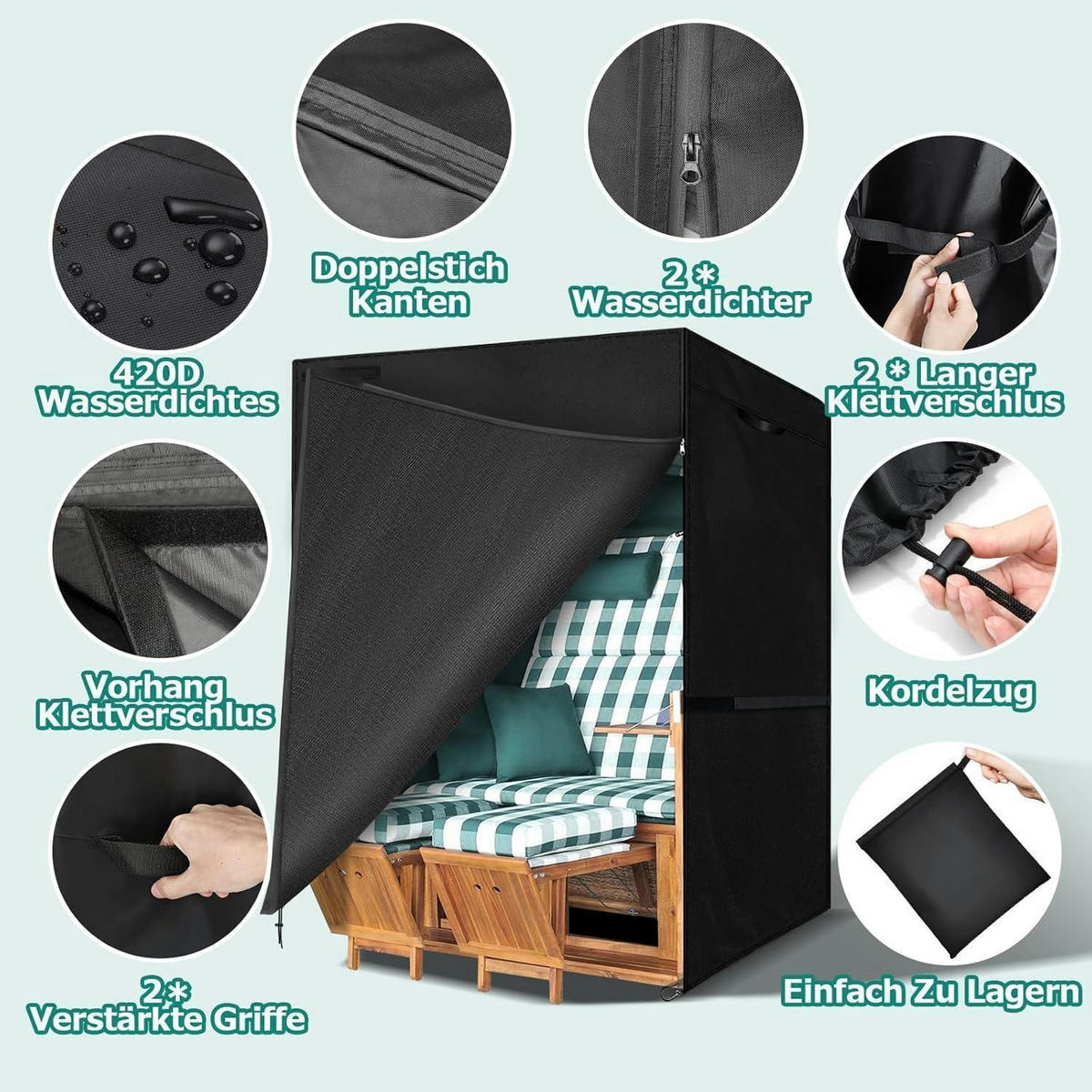 STRANDKORBHÜLLE 135 x 105 x 175/140 cm Schwarz - Schwarz, Textil (135/105/175cm)