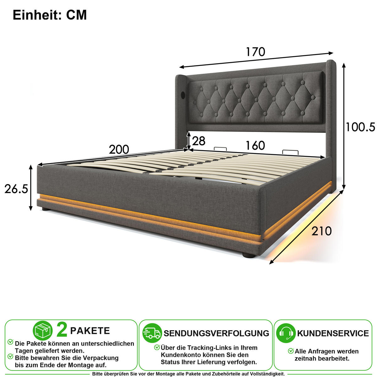 POLSTERBETT 160/200 cm in Grau Stoff mit Bettkasten, LED und USB - Grau, Holzwerkstoff/Textil (160/200cm) - CHICFURN