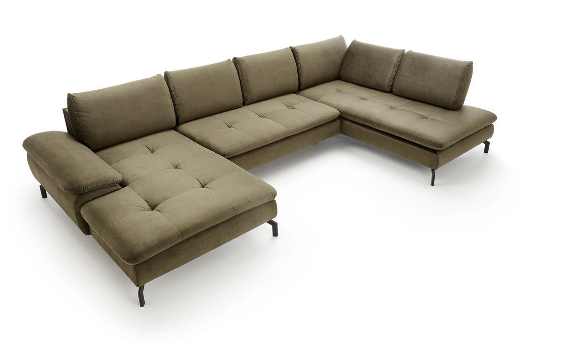 WOHNLANDSCHAFT VOLO Grün Plüsch-Stoff mit Schlaffunktion - Grün, Holz (347/82/205cm) - MASSENO